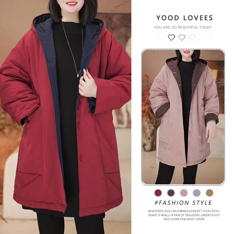 2025冬季新款时尚韩版中长款连帽双面穿加棉外套宽松休闲棉衣棉服