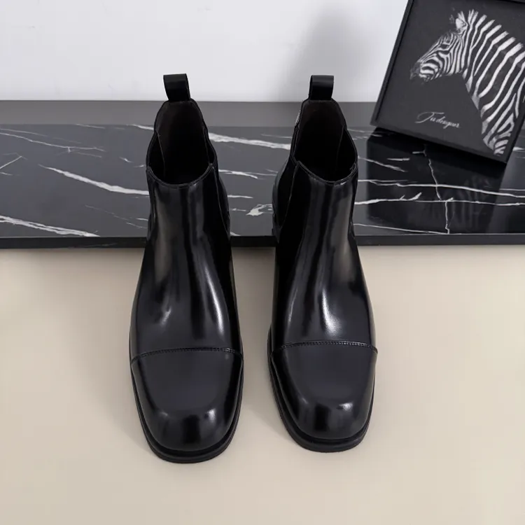 秋冬新款男士方头亮面真皮切尔西商务休闲三接头高帮皮靴男时尚鞋