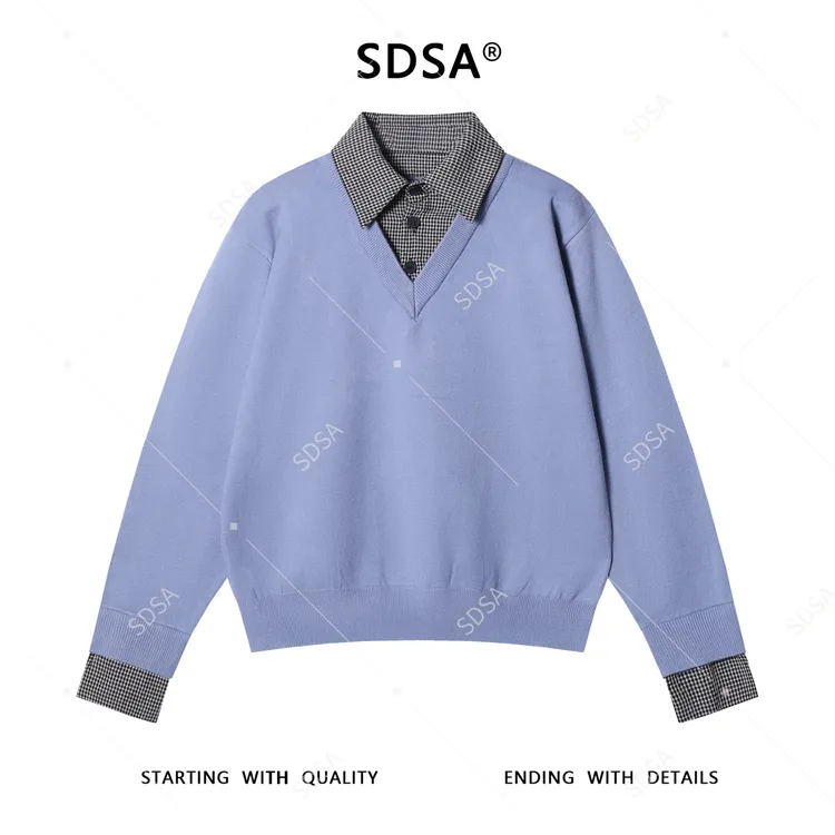SDSA秋冬新款痞帅男装美式格子polo领假两件毛衣休闲百搭针织衫