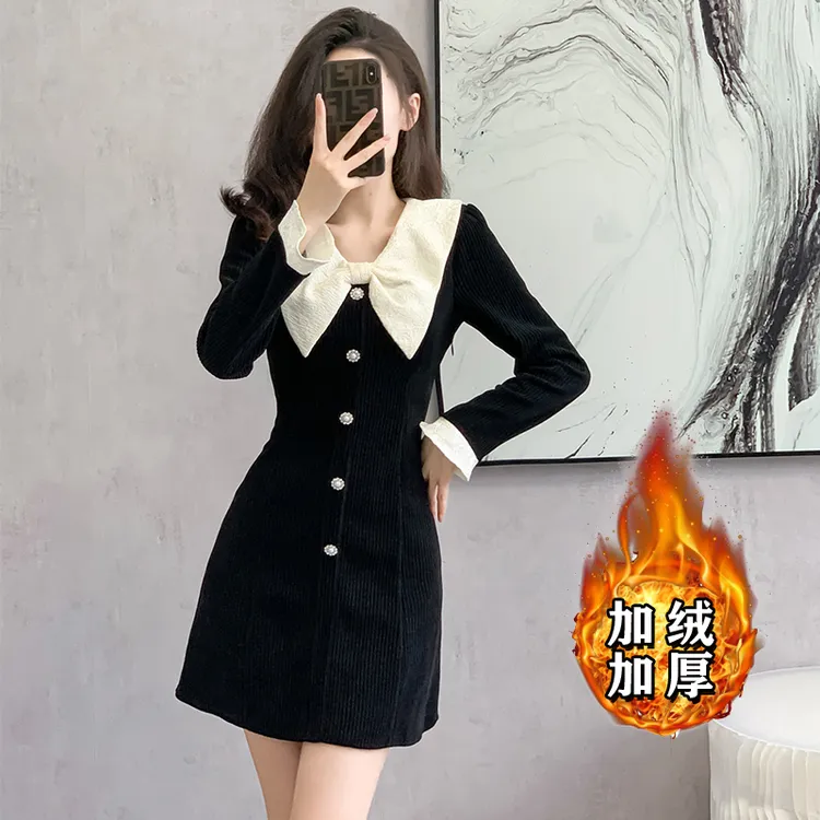 【常规/加绒】显瘦黑色连衣裙甜美减龄短裙子蝴蝶结喇叭袖A字裙6315