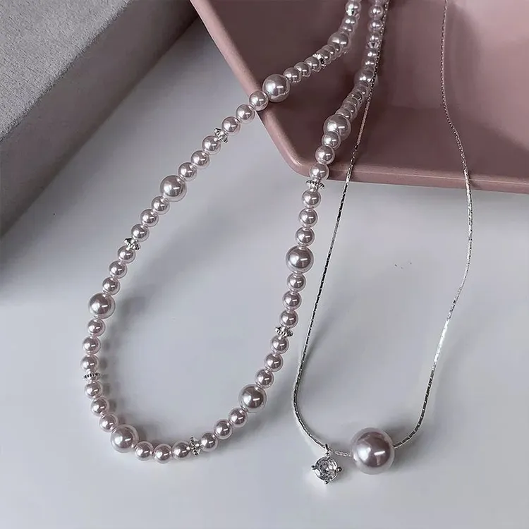 不锈钢项链 法式轻奢曼塔玫瑰珍珠锆石叠戴精致百搭锁骨链