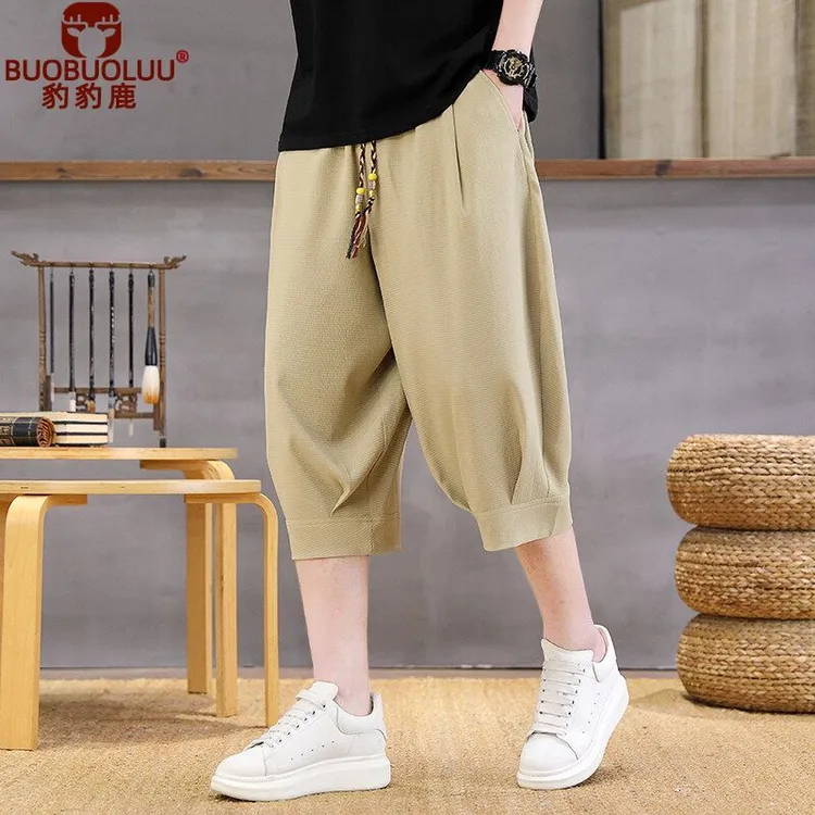 冰丝中国七分裤夏季薄款宽松休闲短裤男士潮流休闲裤运动大码裤子