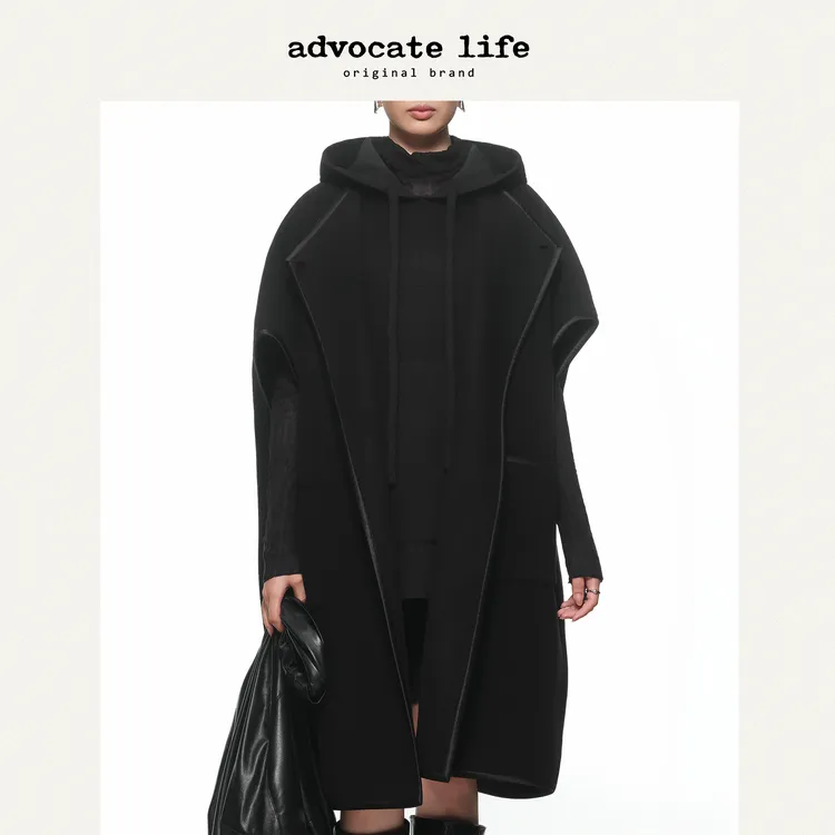 Advocatelife秋冬新品黑色大衣中长款斗篷大衣小众女装JQ343075