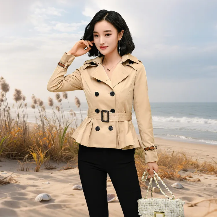 欧洲站短款风衣女2025新款时尚新款显瘦翻领长袖双排扣小个子外套