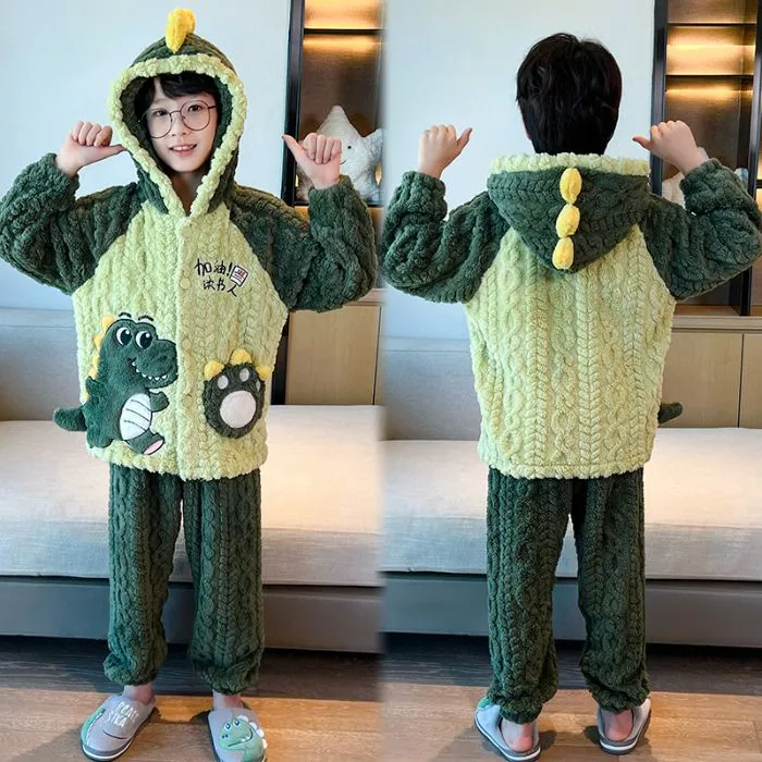 儿童恐龙卡通长袖中大童家居服秋冬季男童提花绒加厚保暖睡衣套装