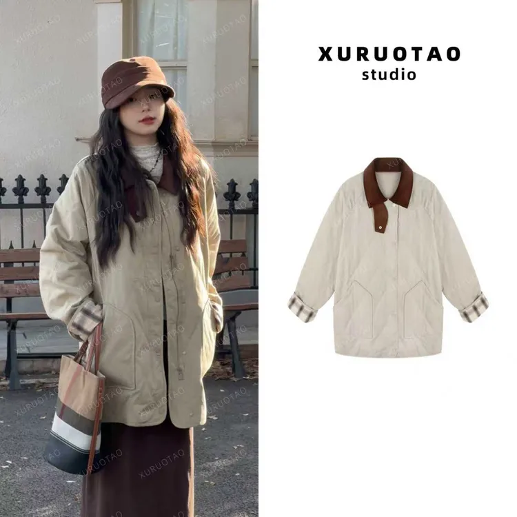 XURUOTAO【挪威恋人】100羊毛填充秋冬设计保暖卡其色外套 T5755