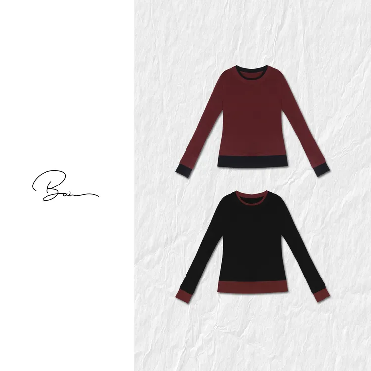 TXB “马德里晚霞”天丝羊毛混纺撞色拼接圆领长袖打底衫XB-7843