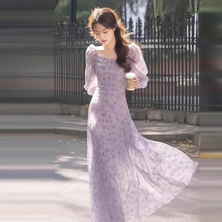 茶歇法式紫色碎花小众连衣裙2025早春新款度假风超仙女收腰长裙子