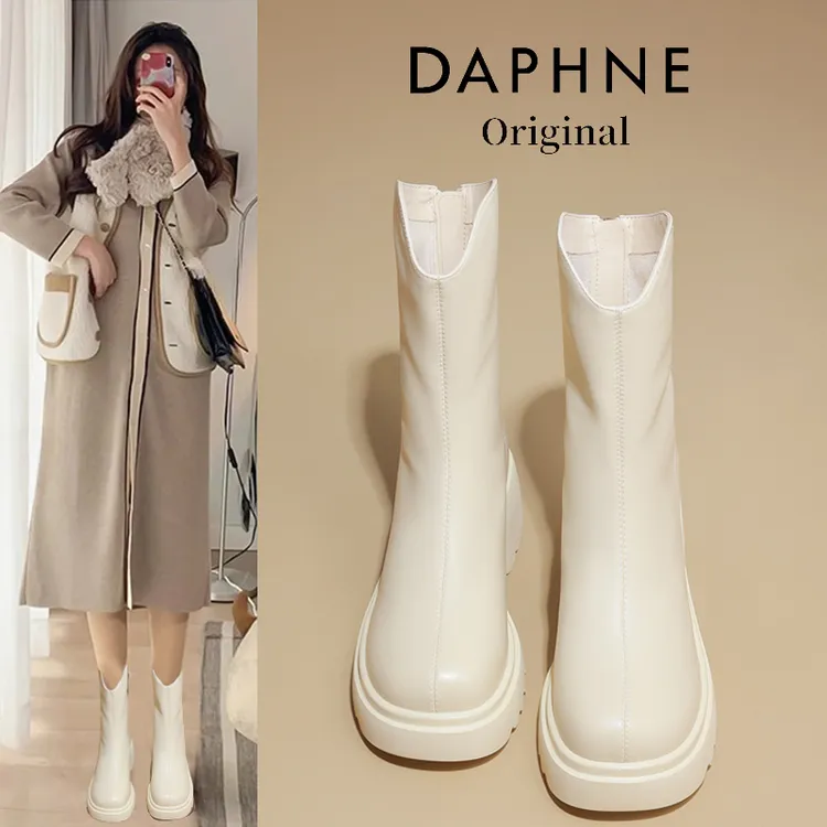 达芙妮7CM高跟靴子女短靴白色马丁靴女25秋季爆款加绒保暖时装靴