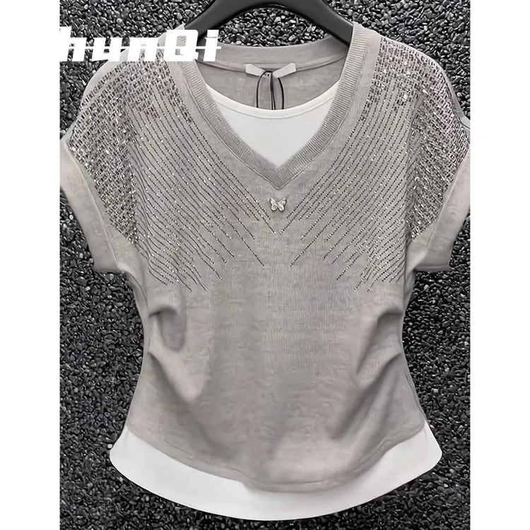 淳启小衫重工短袖T恤女夏大码胖mm收腰遮肚假两件V领正肩灰色上衣