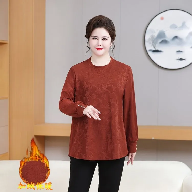 中老年人妈妈冬装加绒加厚打底衫女冬季特大码老人奶奶保暖衣卫衣