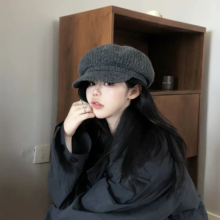 法式复古针织黑色贝雷帽女2025新款百搭气质显脸小报童帽八角帽子