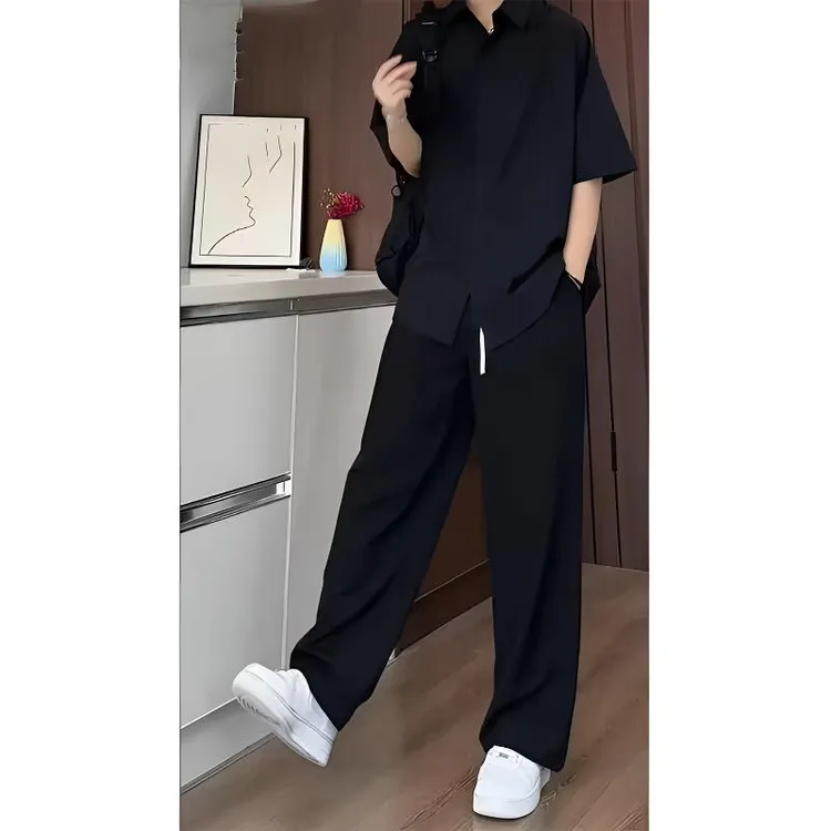 套装男黑色冰丝短袖衬衫夏季薄款高级感痞帅衬衣裤子一套搭配男装