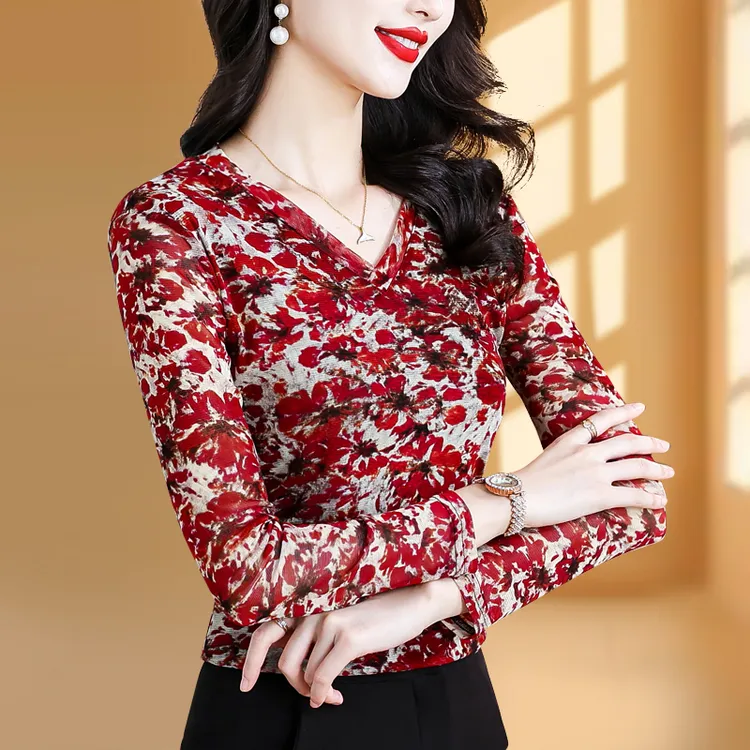 新款长袖T恤女碎花洋气显瘦显白气质小衫时髦法式印花上衣
