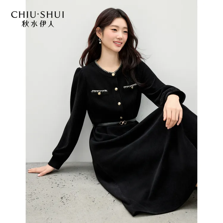 秋水伊人丝绒感裙子2025年冬季新款小香风连衣裙625410M435395