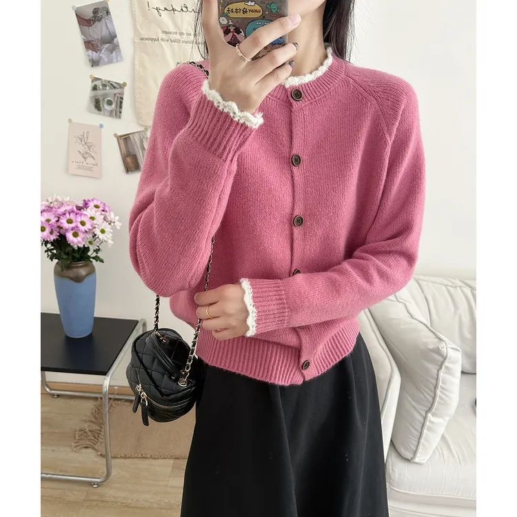 6014秋季新款慵懒风圆领女士毛衣外套短款纯色上衣针织开衫