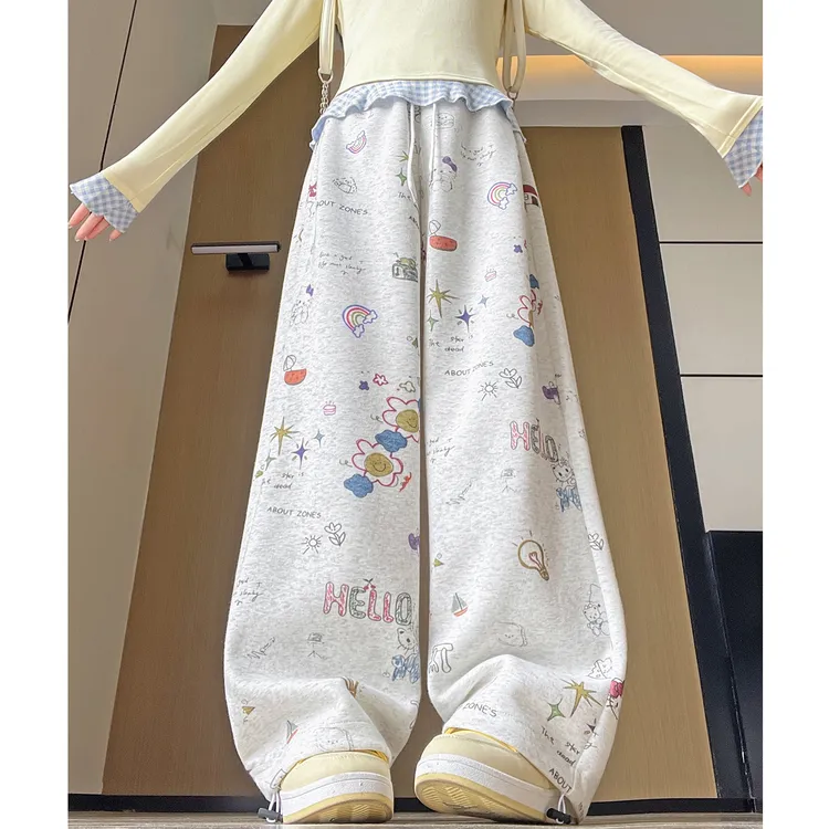 美式涂鸦裤子女冬季加绒加厚宽松直筒阔腿裤卡通印花抽绳束脚卫裤