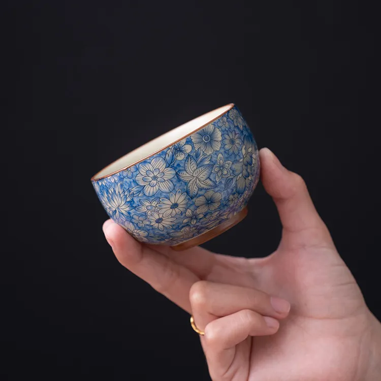 汝窑繁花茶杯主人杯单杯青花茶盏铜钱底个人专用功夫茶杯陶瓷茶具