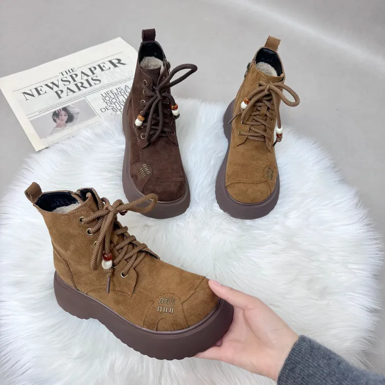厚底系带勃肯鞋女加绒冬季2025新款绒面马丁靴女时尚雪地靴女短靴