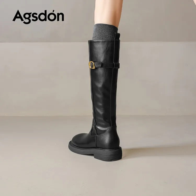 ~奥古狮登厚底长筒靴女2025新款秋冬加绒保暖高筒雪地黑色骑士靴W