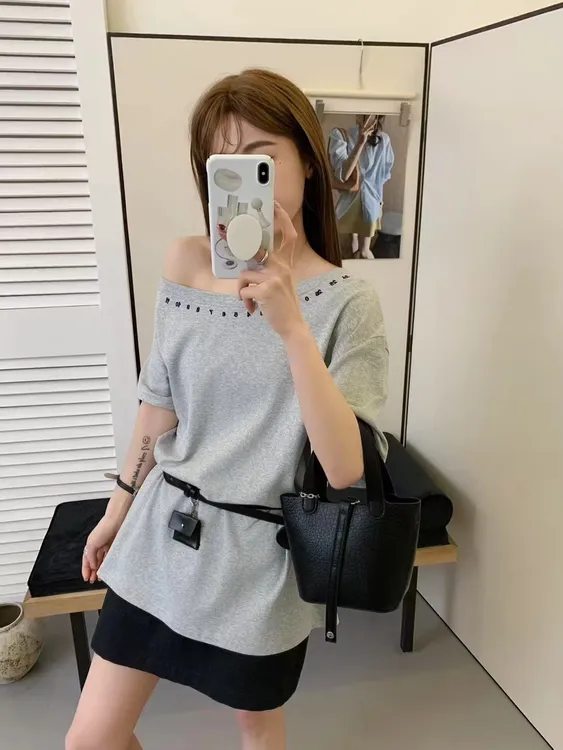 夏季新款斜肩字母刺绣短袖T恤衫女夏季修身显瘦上衣灰色百搭时尚