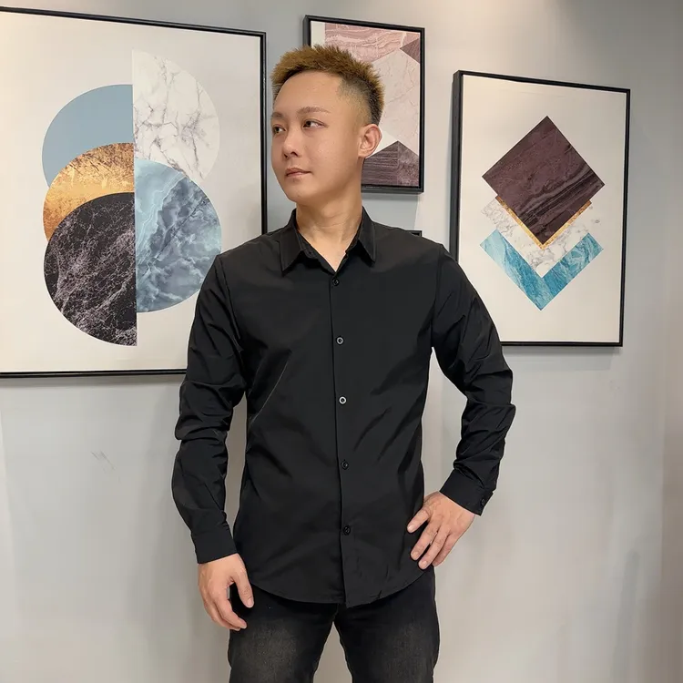 高品质男士春秋长袖衬衫痞帅高级感黑色衬衣男款商务纯色上衣1998
