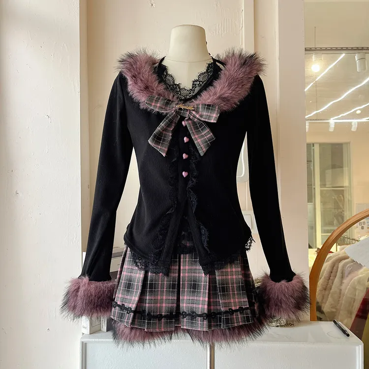 LHTE青青大码女装  韩系辣妹毛毛百搭甜辣妹纯欲jk套装T5433