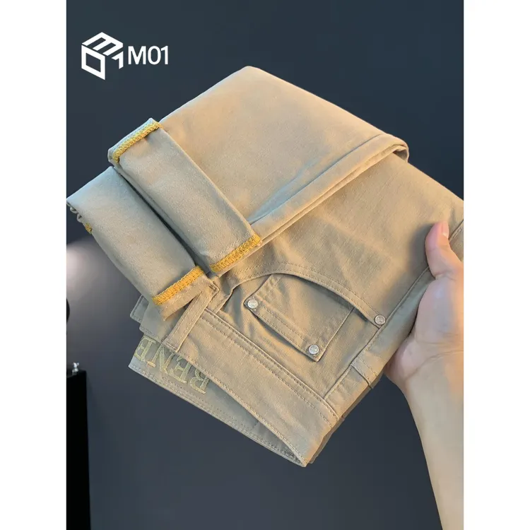 M01卡其色牛仔裤秋季新款潮流高端休闲小脚裤简约修身弹力长裤子