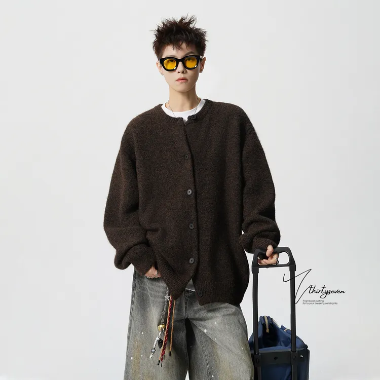 V37美式慵懒风纽扣开衫毛衣男款秋季潮牌复古纯色针织衫外套