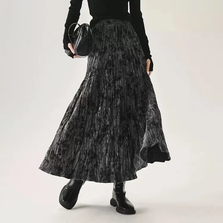 TUBREIT/图百年法式植绒花苞裙长款半身裙秋冬新款显瘦复古大摆裙