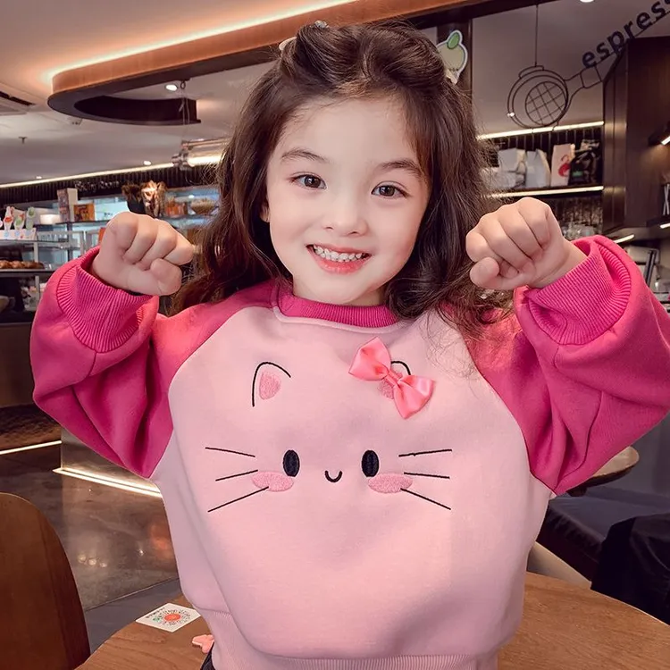 女童加绒卡通卫衣冬装2024新款女宝宝加绒卫衣女孩套头可爱打底衫