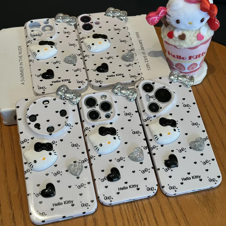 BANCA波点黑色爱心kitty适用苹果16手机壳华为P70oppo小米15vivo