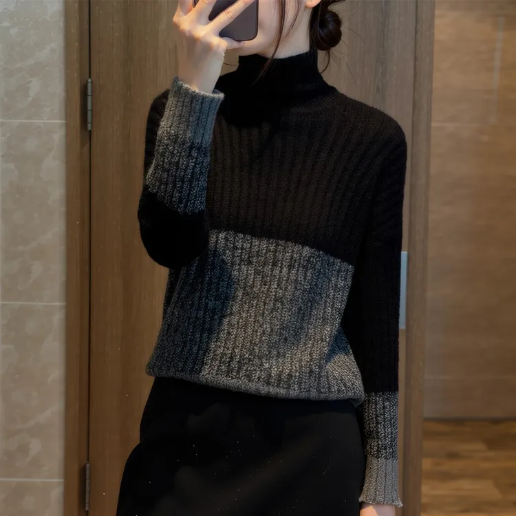撞色高领套头毛衣女士秋冬慵懒风修身显瘦洋气内搭打底针织衫上衣