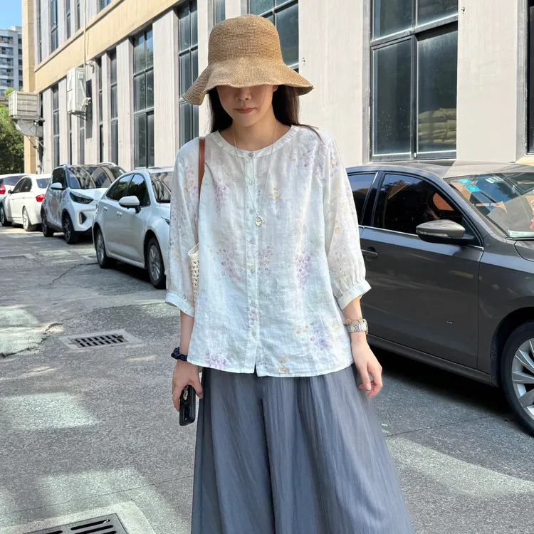 美亚恩NANA【葡萄】夏季天丝苎麻葡萄印花娃娃衫衬衫凉感显瘦C0380