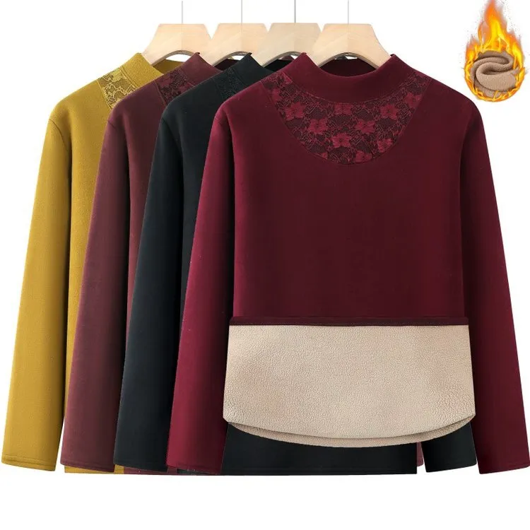 秋冬加绒加厚中老年妈妈装半高领打底衫母亲保暖洋气内搭上衣T恤