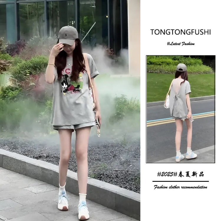 夏季2025新款一整套女装韩系穿搭时尚宽松蕾丝拼接上衣短裤两件套