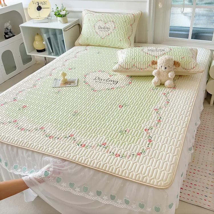 春夏新款印花蕾丝花边乳胶床裙三件套夏季凉感丝床单单双人床品  