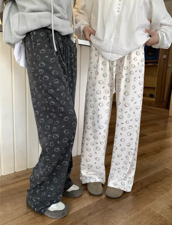 秋冬季加绒加厚款百搭宽松印花裤子慵懒感阔腿裤高腰直筒休闲裤子