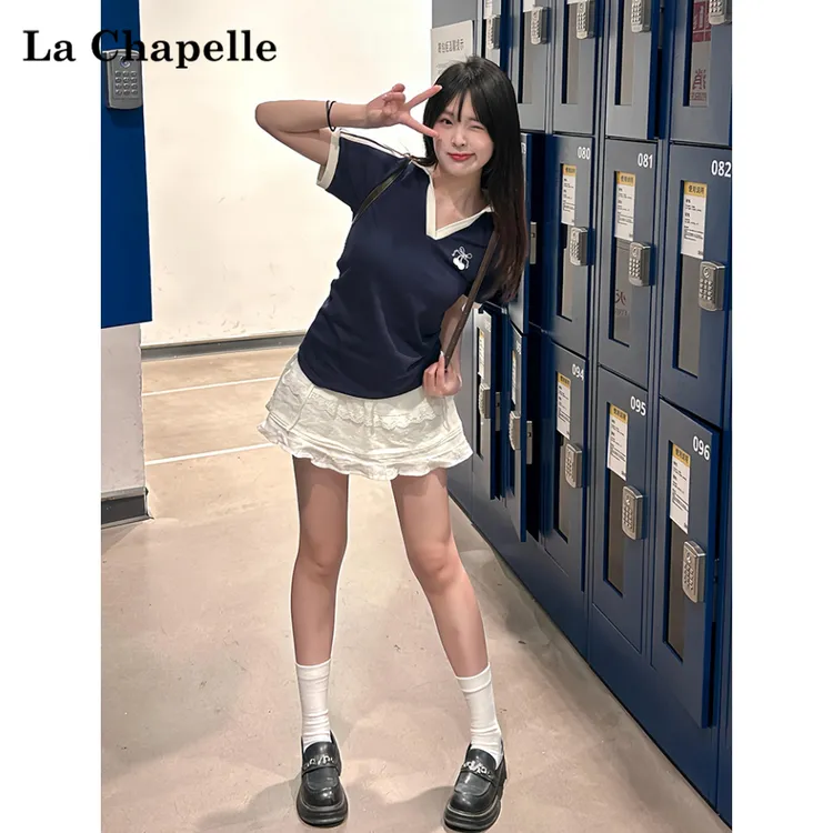 拉夏贝尔樱桃刺绣翻领短袖t恤女夏季2025新款修身显瘦甜辣妹上衣