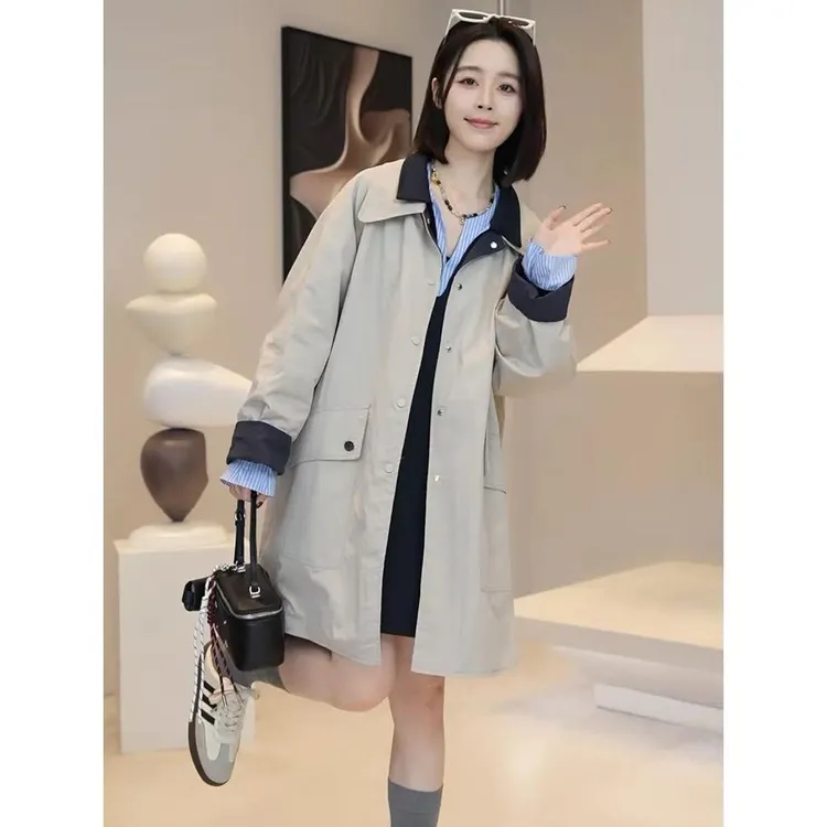 韩系时尚风衣外套女2025秋季新款宽松百搭休闲气质中长款翻领上衣