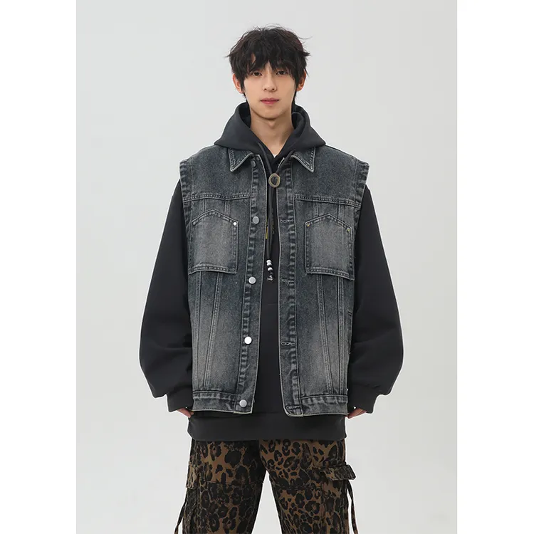 宽松型翻领纽扣水洗夏季免烫马甲牛仔男青春活力纯色直下摆