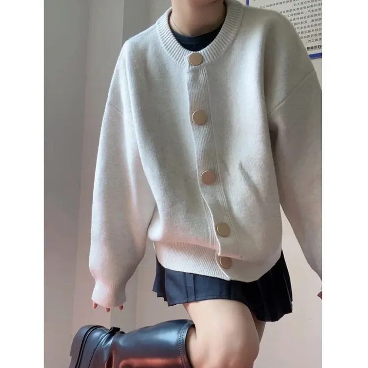 春季新款慵懒风长袖开衫毛衣宽松上衣针织衫外套女装圆领