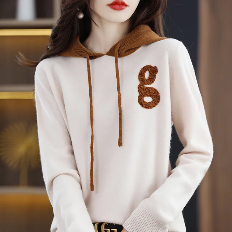 女士秋冬季新款时尚百搭字母刺绣撞色连帽100%羊毛衫针织衫