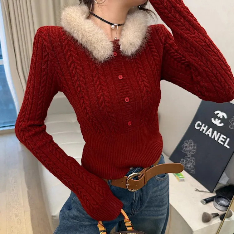 圣诞氛围感红色毛衣女2025秋冬季新款可拆卸毛领针织开衫修身上衣