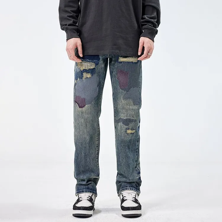 潮流个性痞帅显高街摸漆涂鸦美式高街潮牌补丁牛仔裤男士宽松直筒