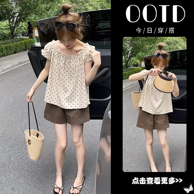 【现货】夏季穿搭一整套女2025新款泡泡袖短袖上衣休闲短裤两件套