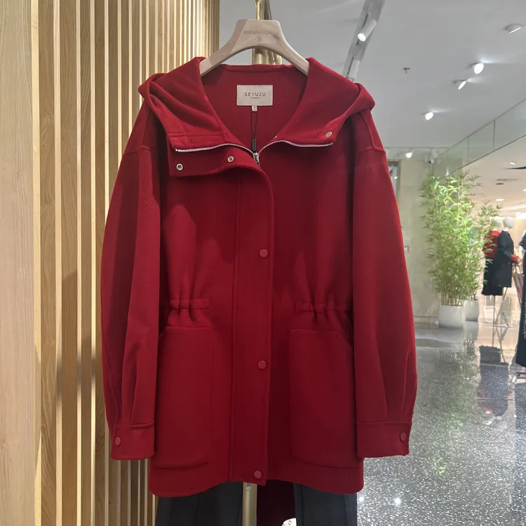 声雨竹1R439连帽收腰抽绳双面呢短大衣冬季时尚保暖气质上衣红色