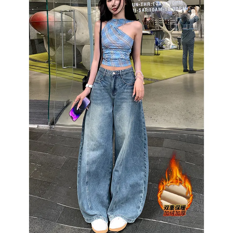 高街美式弯刀加绒牛仔裤女冬季新款高腰宽松显瘦痞帅阔腿裤女款