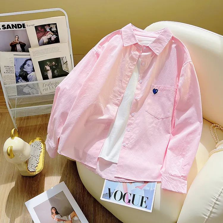 设计感刺绣爱心樱花粉长袖衬衫女春秋2026新韩版宽松显瘦休闲衬衣