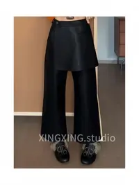 X.x设计感围裙式长裤女高腰皮裤秋冬新款假二件直筒裤5237